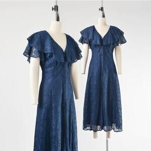 Vintage 90s Navy Lace Shawl Collar Button Front Maxi Dress size M